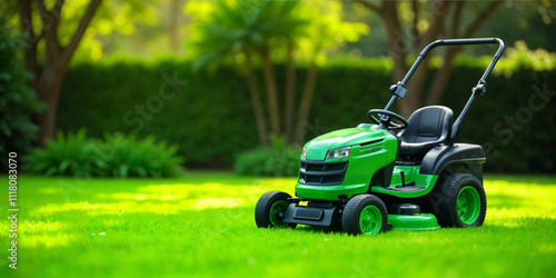 Worker guy shake pour grass from lawn mower bag into wheelbarrow. Garden meadow lawn cutting. Summer works in garden. Static shot.