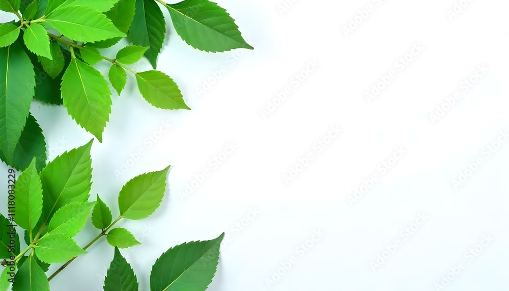 Hojas verdes sobre fondo blanco con espacio para insertar texto o imagen Hojas verdes sobre fondo blanco con espacio para insertar texto o imagen