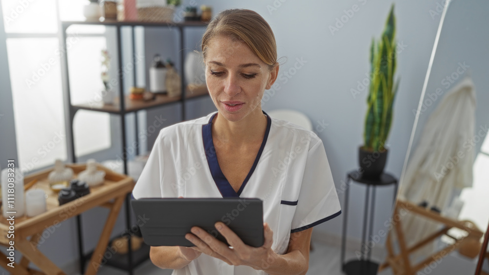 Woman in spa wearing uniform uses tablet in a modern wellness center surrounded by plants and shelves, embodying a serene and professional beauty environment.