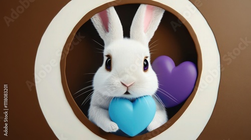 A cheerful scene of a white rabbit appearing through a light brown oval cutout in a chocolate-brown background. The bunny glossy black eyes. photo