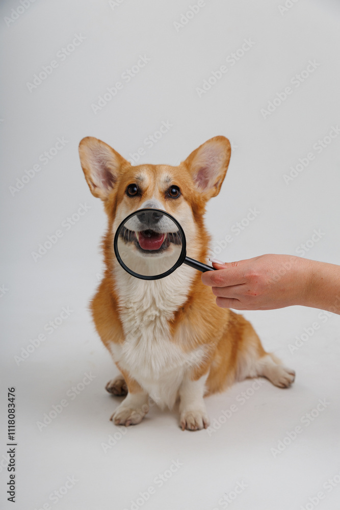 Corgi dog being examined with a magnifying glass, close-up of the nose and face Corgi dog being examined with a magnifying glass, close-up of the nose and face