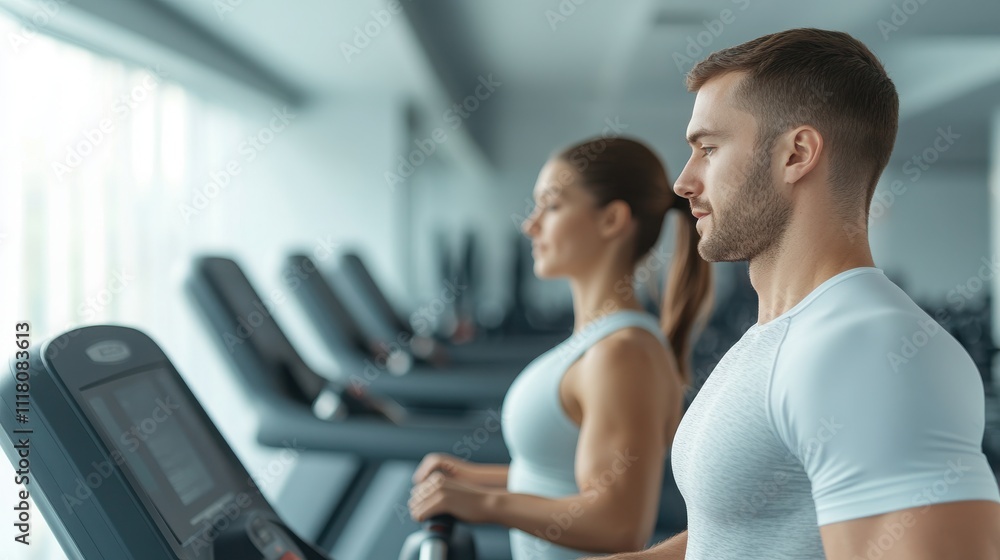 Obraz premium A focused man and woman exercising on treadmills in a modern gym, promoting health and fitness lifestyles.