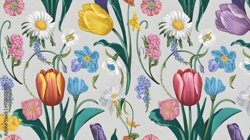 floral pattern background in yellow, pink flowers such as tulip, daisy with the leafy vectors