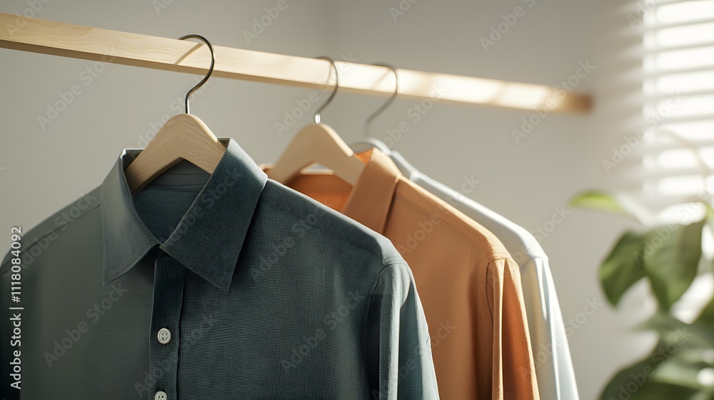 Obraz premium Neatly Ironed Shirts Hanging on Wooden Hangers in a Bright Room with Natural Light and Soft Shadows from Nearby Window