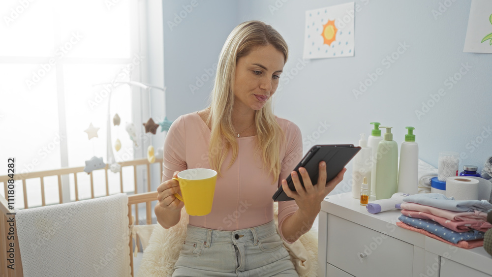 Woman sipping coffee and using tablet in cozy baby room, surrounded by baby essentials, with sunlight streaming in through window, embodying relaxed home atmosphere. Woman sipping coffee and using tablet in cozy baby room, surrounded by baby essentials, with sunlight streaming in through window, embodying relaxed home atmosphere.