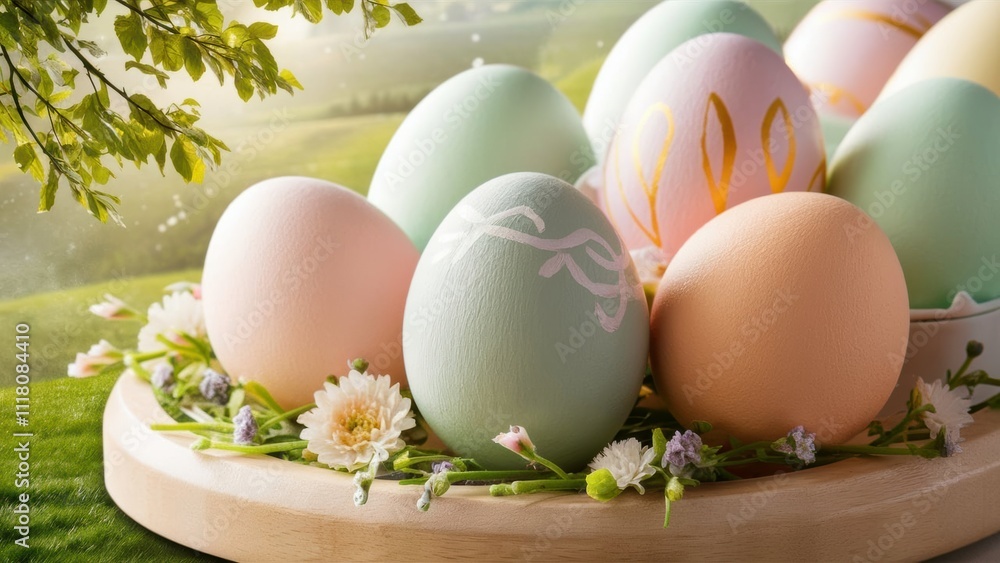 Close-Up of Pastel Easter Eggs on Wooden Tray with Flowers
Close-Up of Pastel Easter Eggs on Wooden Tray with Flowers