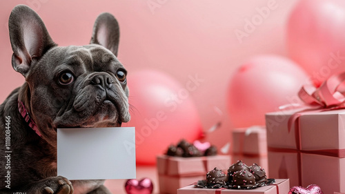 French Bulldog with card surrounded by gifts and balloons