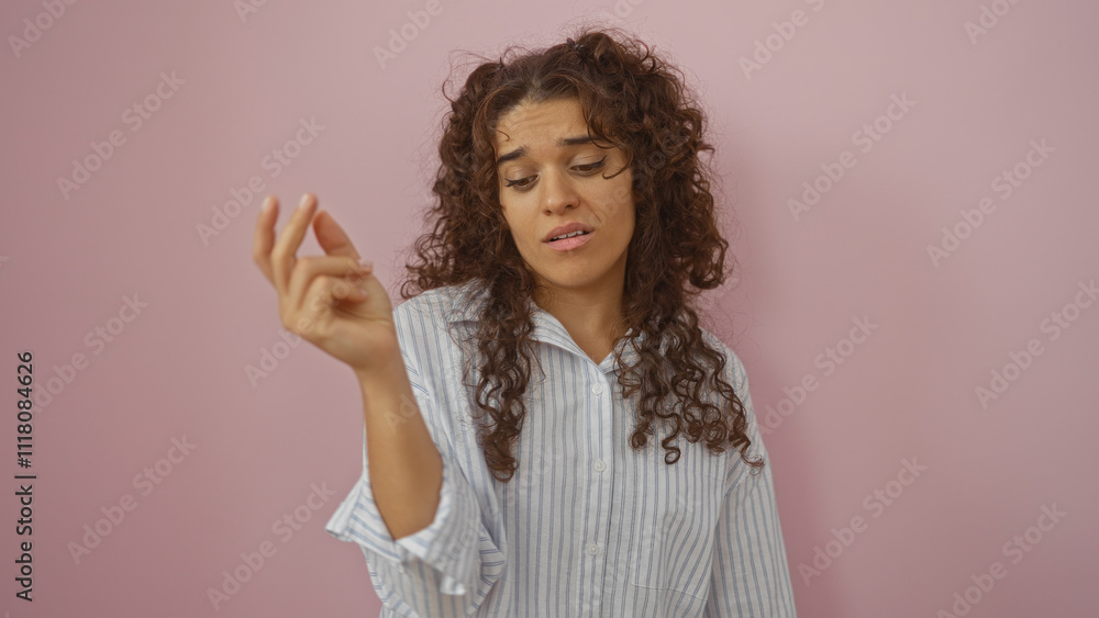 Woman showing her emotions in a candid pose with a pink background, wearing a casual striped shirt, expressing thoughts while isolated in a studio environment Woman showing her emotions in a candid pose with a pink background, wearing a casual striped shirt, expressing thoughts while isolated in a studio environment
