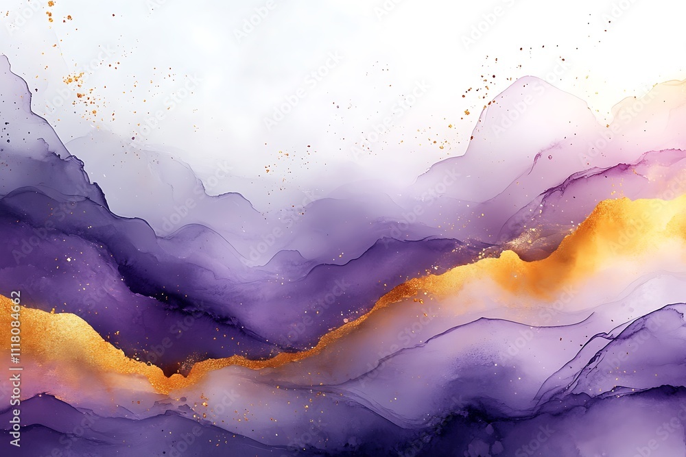 Obraz premium ink splashes isolated, violet purple and gold 