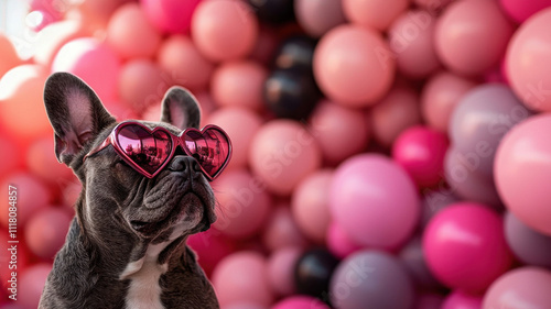 French Bulldog wearing heart shaped sunglasses, joyful vibes