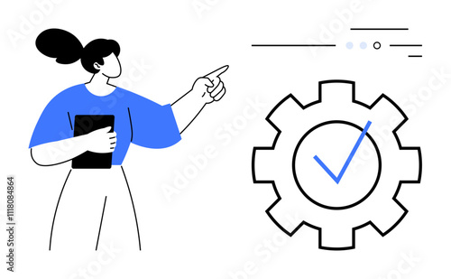 Woman pointing at elements on an interface while holding a tablet, next to a gear with a checkmark. Ideal for business processes, workflow automation, task management, productivity, software