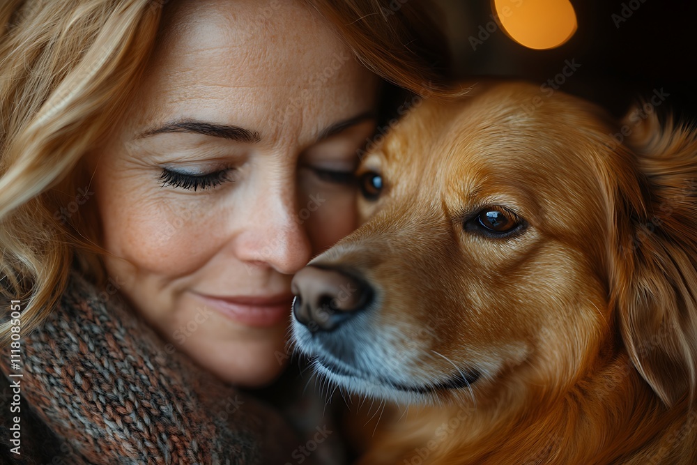 A woman and her golden retriever share a warm and loving moment together. A woman and her golden retriever share a warm and loving moment together.
