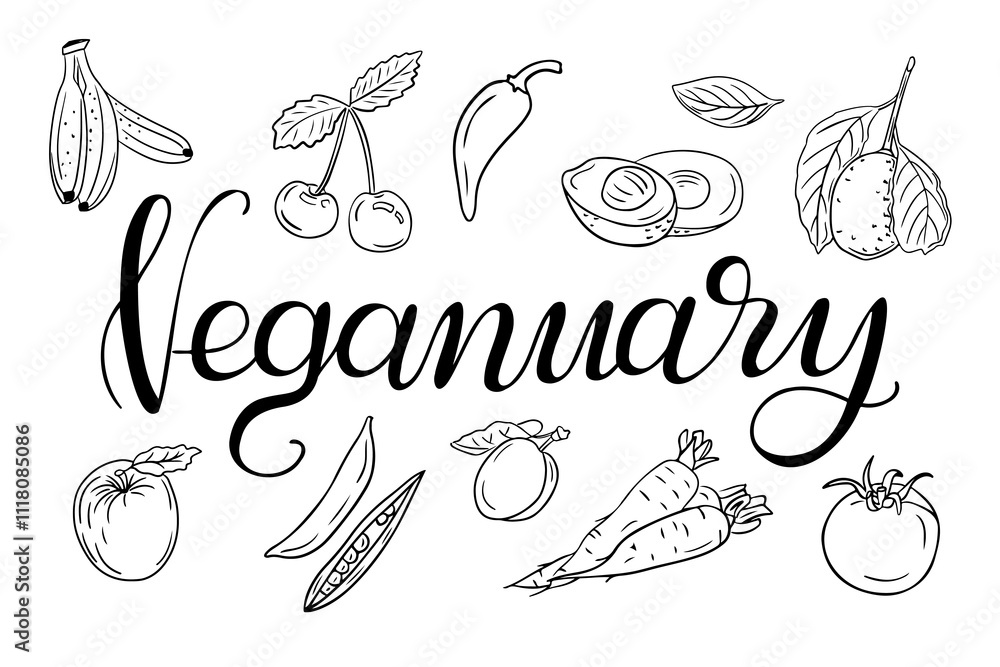 Elegant Veganuary calligraphy surrounded by line art illustrations of fruits and vegetables, promoting vegan lifestyle. Vector hand drawn outline illustration isolated on white background Elegant Veganuary calligraphy surrounded by line art illustrations of fruits and vegetables, promoting vegan lifestyle. Vector hand drawn outline illustration isolated on white background