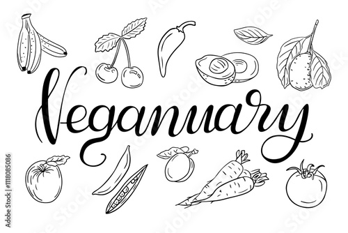 Elegant Veganuary calligraphy surrounded by line art illustrations of fruits and vegetables, promoting vegan lifestyle. Vector hand drawn outline illustration isolated on white background