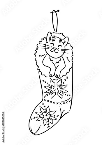 Cute cat sitting inside Christmas stocking decorated with snowflake patterns. Vector hand drawn contour drawing for coloring pages isolated on white background