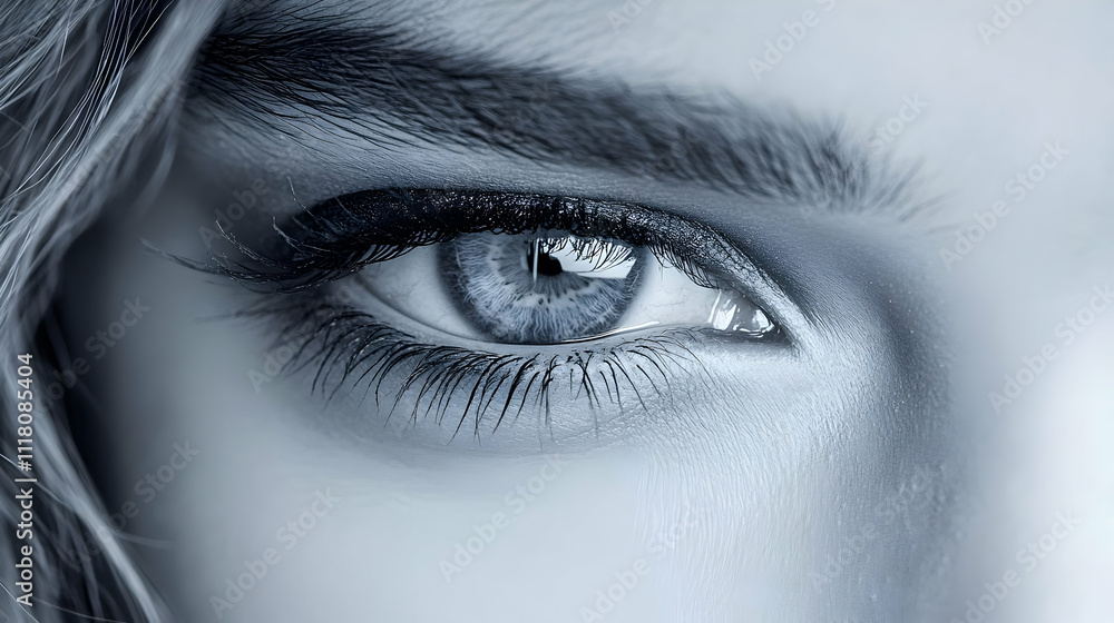Blue Monday Macro Sad Eyes concept as Macro close up of tired and puffy eyes highlighting exhaustion and Blue Monday fatigue for magazine advertisement with copy space. in Photo Stock Concept Blue Monday Macro Sad Eyes concept as Macro close up of tired and puffy eyes highlighting exhaustion and Blue Monday fatigue for magazine advertisement with copy space. in Photo Stock Concept