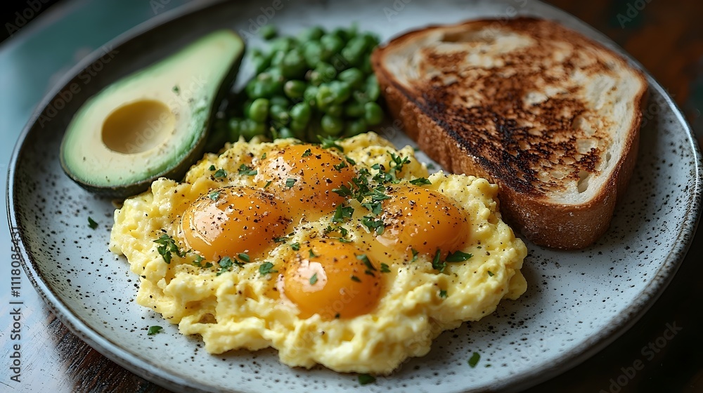 A plate of food with a fried egg, toast, and peas A plate of food with a fried egg, toast, and peas