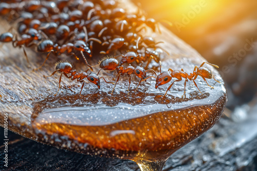 Close up of ants swarming honey on wooden spoon