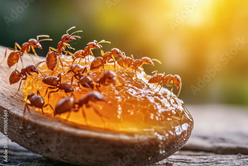 Close up of ants swarming honey on wooden spoon