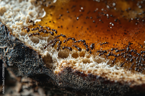 Detailed image of ants swarming honey on piece of wood
