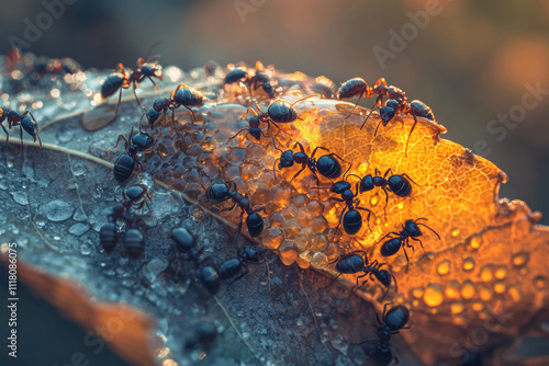 Macro image of ants swarming honey droplets on leaf