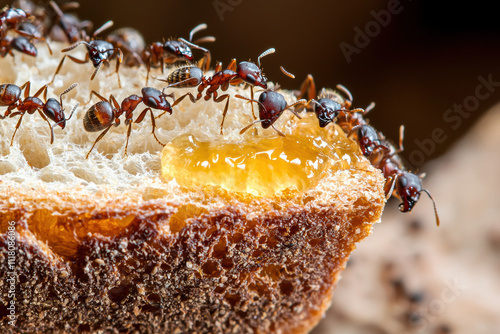 Detailed image of ants swarming honey on bread slice