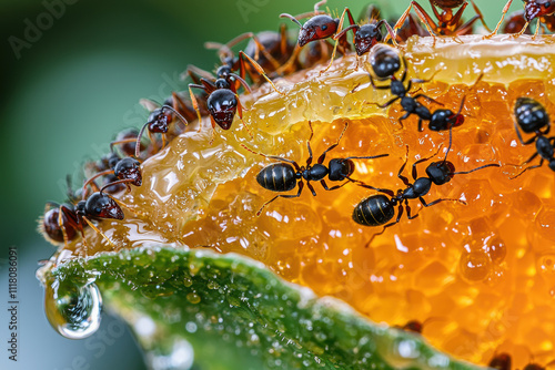Macro image of ants swarming honey droplets on leaf
