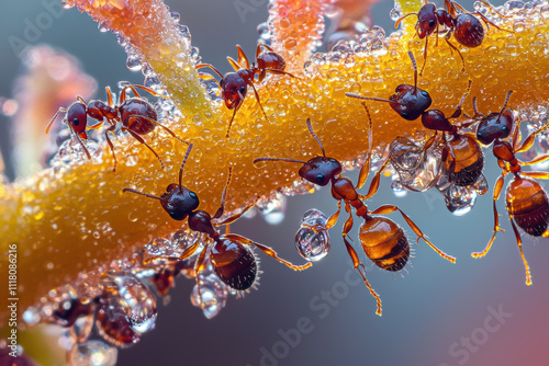 Macro shot of ants on dewy branch, showcasing nature beauty