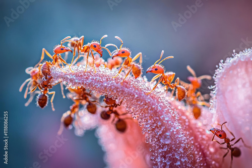 Macro shot of ants gathering dew on flower petal