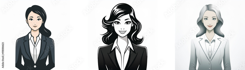 Three professional women are depicted in a row, each with distinct hairstyles and attire. Their expressions are subtle and serious, conveying competence. Three professional women are depicted in a row, each with distinct hairstyles and attire. Their expressions are subtle and serious, conveying competence.