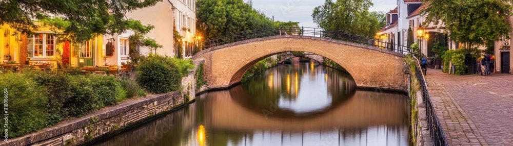 A serene canal scene with a charming bridge and lush greenery at twilight. A serene canal scene with a charming bridge and lush greenery at twilight.