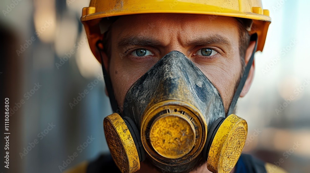 Close up Portrait of Construction Worker Wearing Respirator and Hard Hat Close up Portrait of Construction Worker Wearing Respirator and Hard Hat