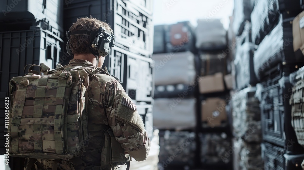 Soldier in Military Gear Standing in Front of Stacked Crates Soldier in Military Gear Standing in Front of Stacked Crates