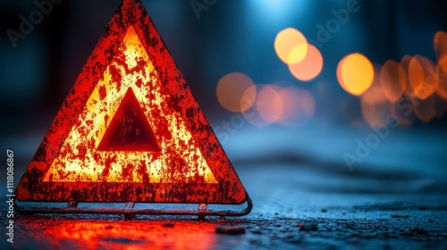 Obraz na płótnie Rusty Warning Triangle Sign on Road at Night Emergency Hazard w salonie