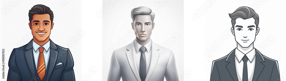 Three stylized portraits of men in suits; one in color, one in grayscale, and one in monochrome. Each has a different hairstyle and expression. Three stylized portraits of men in suits; one in color, one in grayscale, and one in monochrome. Each has a different hairstyle and expression.