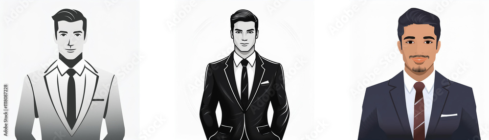 Three illustrated men in suits; one grayscale, one black, and one navy blue. Stylish and professional portraits. Three illustrated men in suits; one grayscale, one black, and one navy blue. Stylish and professional portraits.