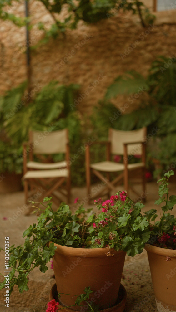 Cozy outdoor patio with two empty chairs surrounded by plants and terracotta pots against a rustic stone wall Cozy outdoor patio with two empty chairs surrounded by plants and terracotta pots against a rustic stone wall