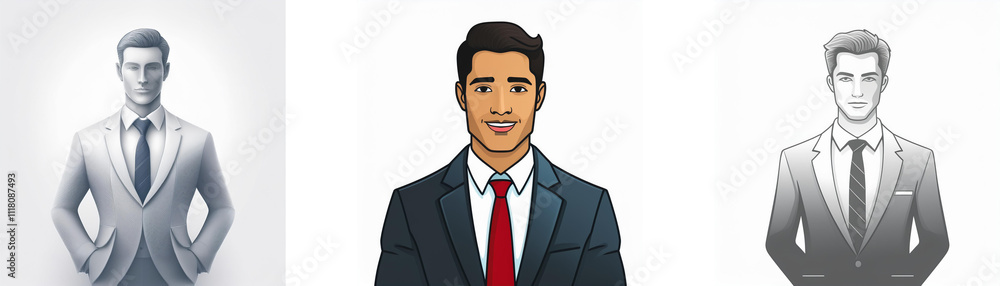 Three stylized illustrations of a man in a suit. One is grayscale, one is in color, and one is a desaturated grey. Each depicts a confident professional. Three stylized illustrations of a man in a suit. One is grayscale, one is in color, and one is a desaturated grey. Each depicts a confident professional.