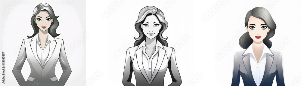 Three illustrated women in business suits, showcasing different hairstyles and shades of gray. Professional, elegant, and stylish. Three illustrated women in business suits, showcasing different hairstyles and shades of gray. Professional, elegant, and stylish.