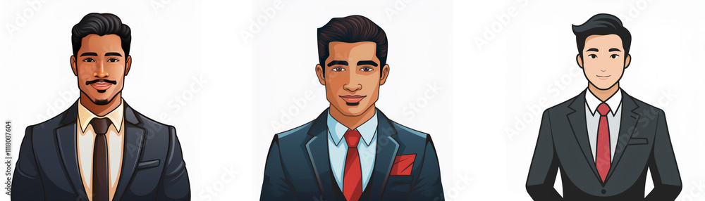 Three illustrated men in suits, each with distinct hairstyles and expressions. They appear professional and stylish. Three illustrated men in suits, each with distinct hairstyles and expressions. They appear professional and stylish.