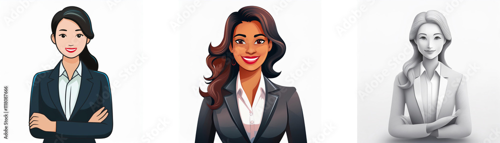 Three diverse women in business suits, arms crossed, confidently posed. Illustrative style. Three diverse women in business suits, arms crossed, confidently posed. Illustrative style.