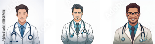 Three illustrated doctors, diverse in appearance, wearing white coats and stethoscopes. They represent a healthcare team.