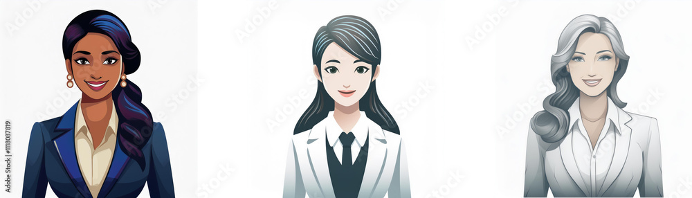 Three women in business attire. Smiling, diverse, professional portraits. Ideal for corporate use. Three women in business attire. Smiling, diverse, professional portraits. Ideal for corporate use.