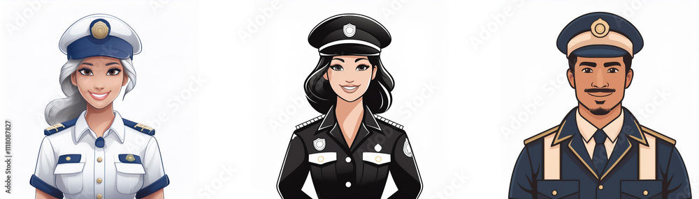 Three illustrated officers in distinct uniforms. Portraits showcase diverse styles of law enforcement apparel. Three illustrated officers in distinct uniforms. Portraits showcase diverse styles of law enforcement apparel.