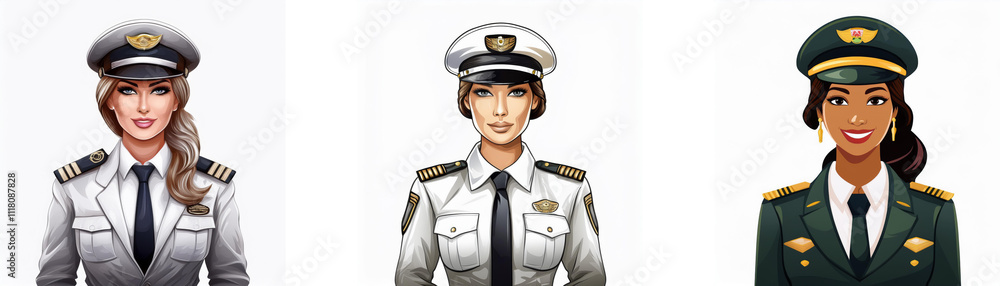 Three female officers in different military uniforms. Portraits showcase their professionalism and diversity. Three female officers in different military uniforms. Portraits showcase their professionalism and diversity.