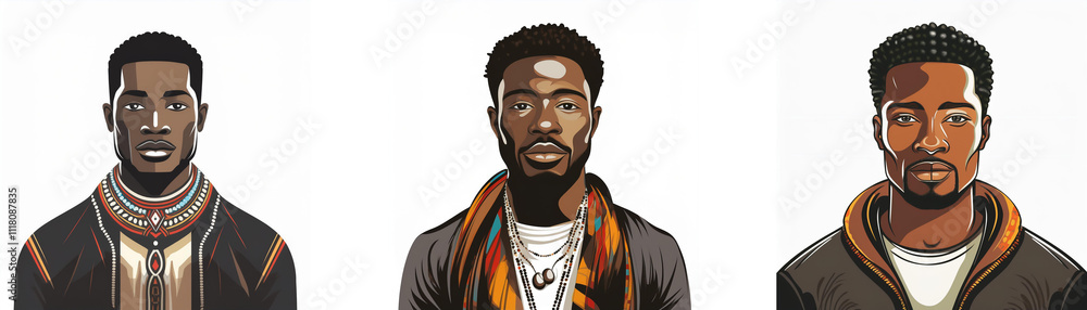 Three stylized portraits of men with dark skin, short hair, and varying attire. Each man displays a serious expression. Three stylized portraits of men with dark skin, short hair, and varying attire. Each man displays a serious expression.