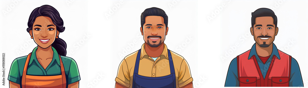 Three diverse individuals are shown in profile, each wearing work attire. They appear friendly and approachable, representing a workforce. Three diverse individuals are shown in profile, each wearing work attire. They appear friendly and approachable, representing a workforce.