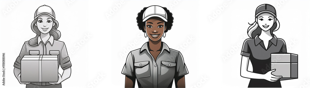 Three diverse delivery women, each carrying a package, ready to deliver. Smiling faces showcase their professionalism and customer service. Three diverse delivery women, each carrying a package, ready to deliver. Smiling faces showcase their professionalism and customer service.