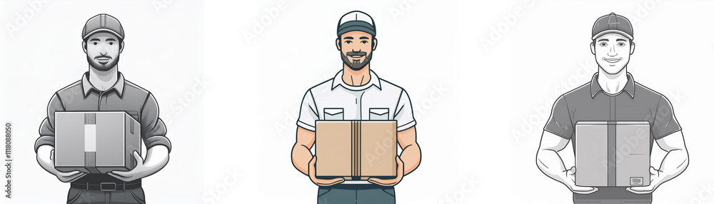 Three delivery workers, each holding a package, represent efficient and reliable shipping. Three delivery workers, each holding a package, represent efficient and reliable shipping.