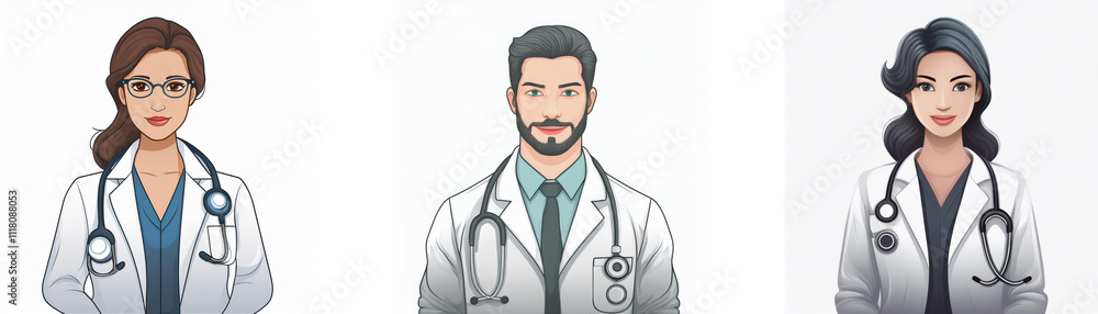 Three doctors, one woman with glasses, one man with a beard, and one woman with dark hair, are depicted in illustrated portraits. They wear white coats and stethoscopes. Three doctors, one woman with glasses, one man with a beard, and one woman with dark hair, are depicted in illustrated portraits. They wear white coats and stethoscopes.